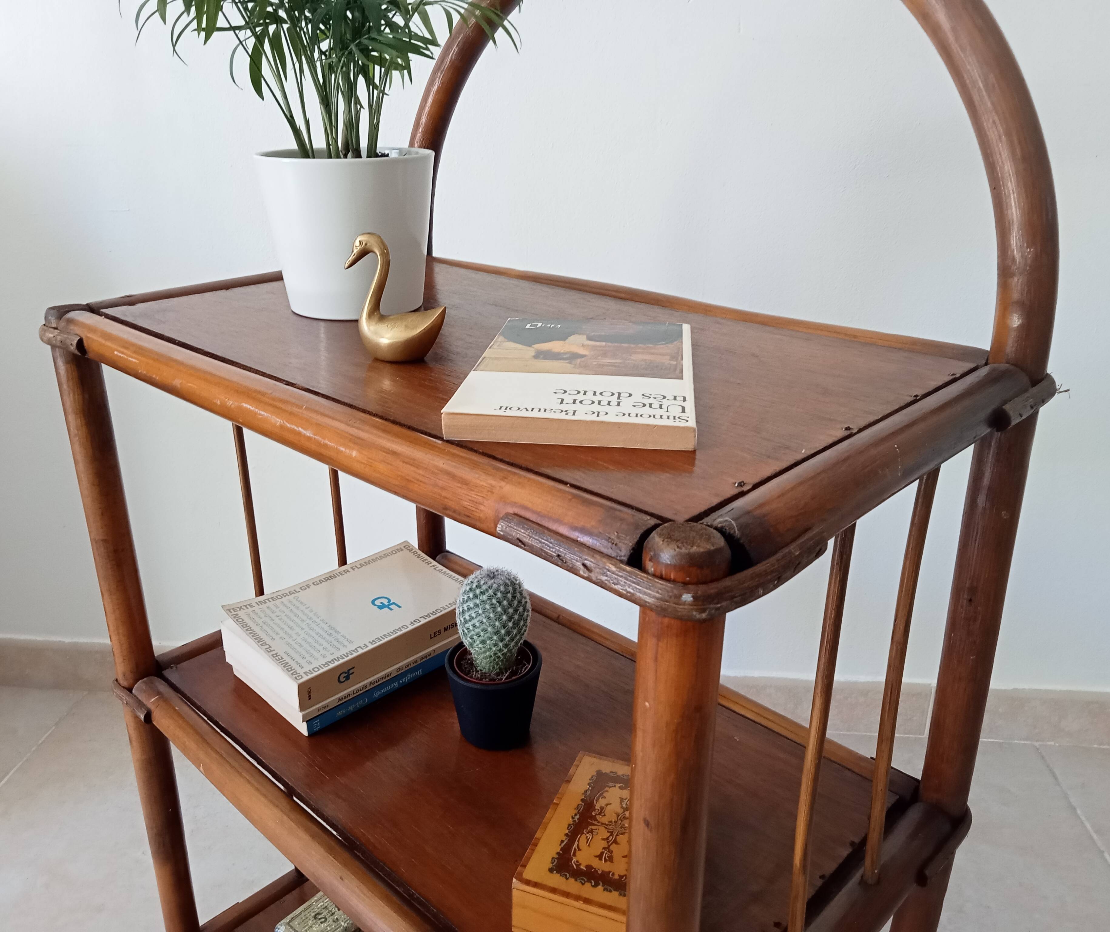 Vintage bamboo and rattan standing shelf