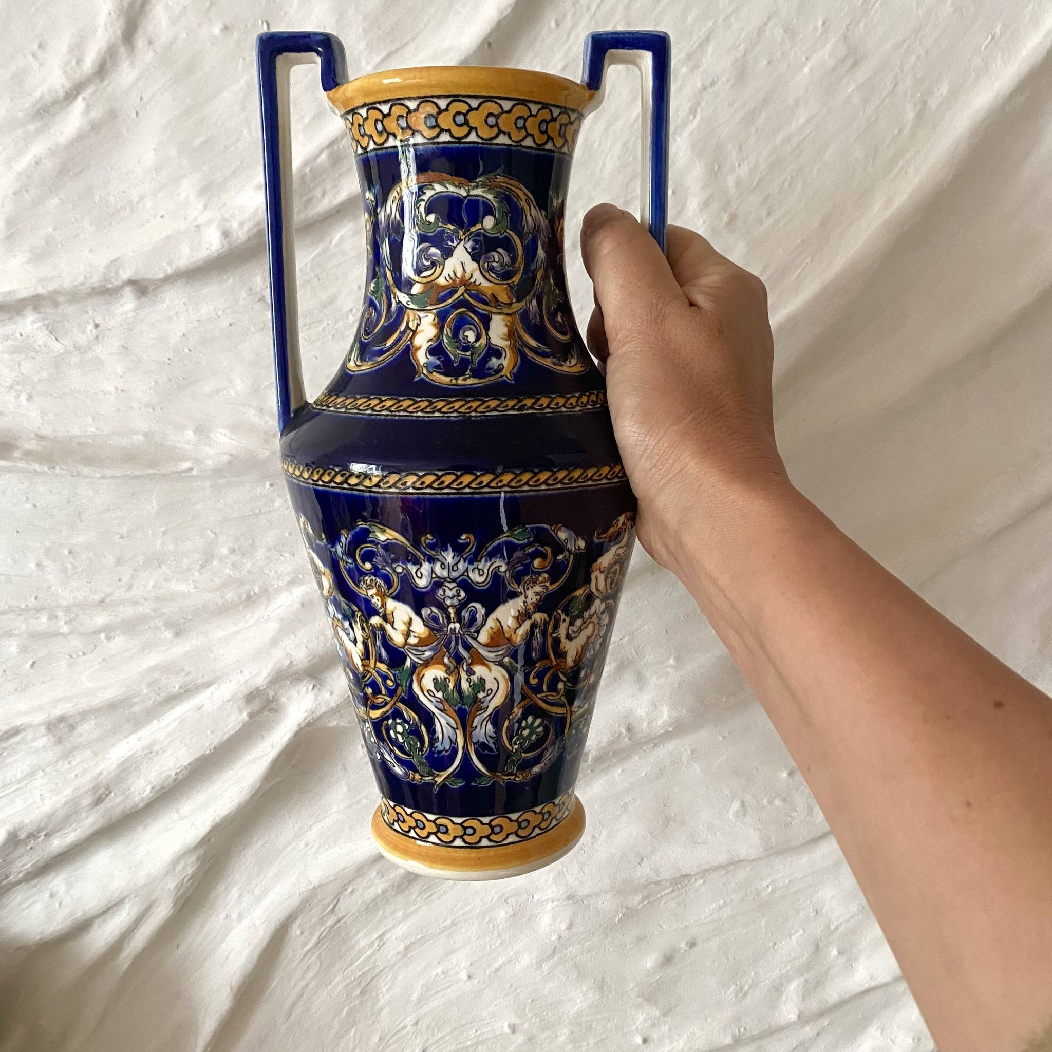 Renaissance decorated earthenware amphora vase from Gien