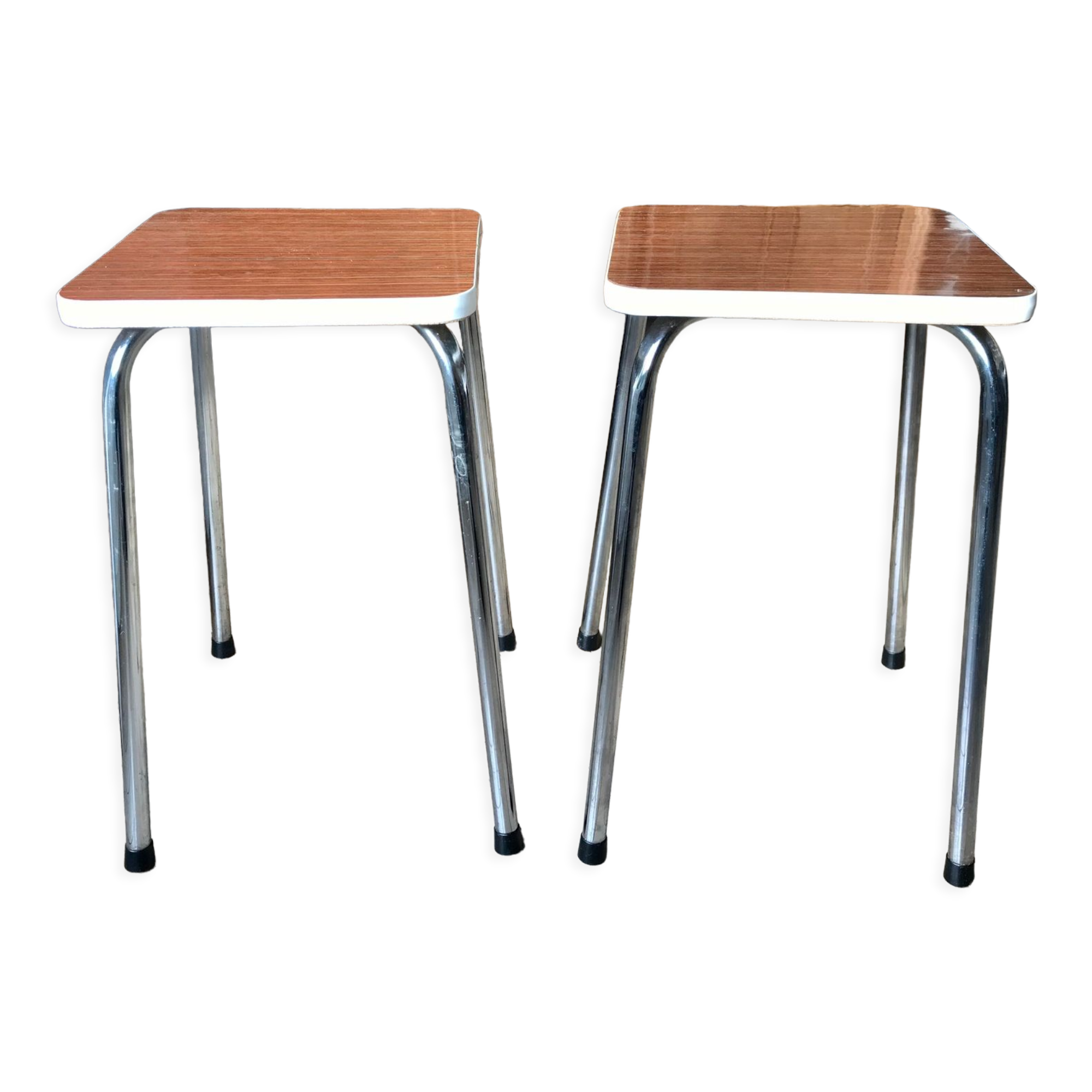Pair of formica stools brown style veneer and white 70s