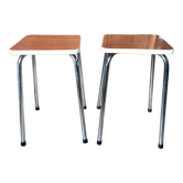 Pair of formica stools brown style veneer and white 70s