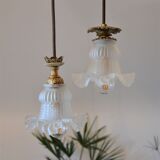 Double suspension with tulip lampshades and gold finishes