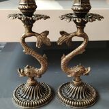 Pair of Art Nouveau style Koi Carp Candlesticks. In old gold patinated bronze.