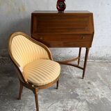 DeCoene antique wood writing desk with beige striped upholstered chair, brass-accented classic set