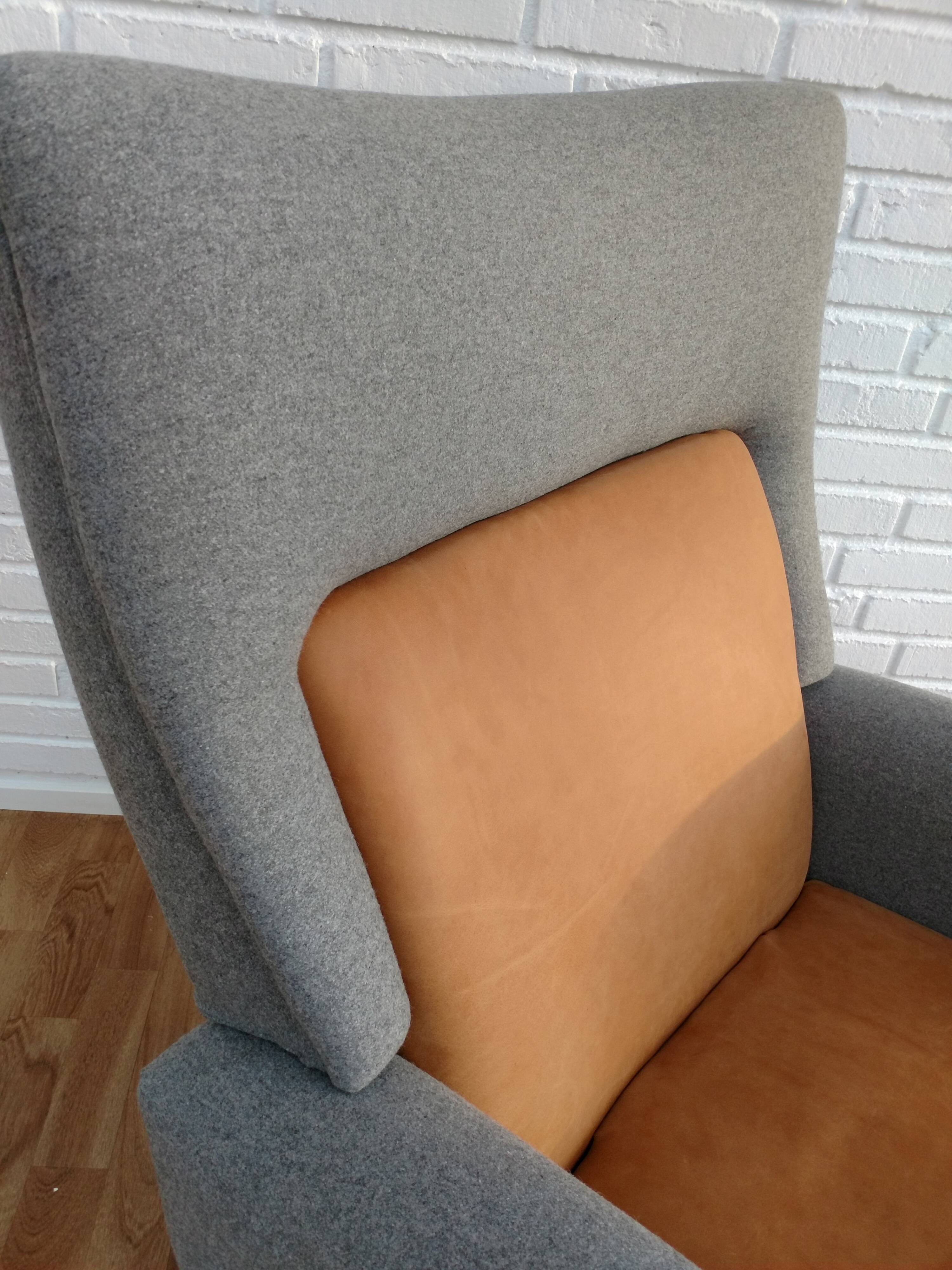 Danish designed armchair 70's, wool, nubuck leather, completely renovated