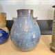 Glazed blue stoneware vase – Squat shape with handles – Handmade craftsmanship