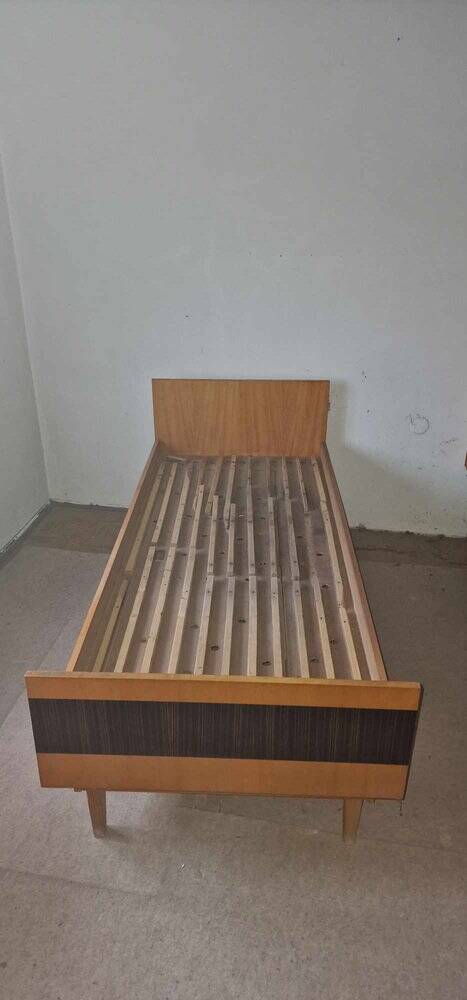 Double bed Mid-Century in brown and black wood, 1960s, Czech production.