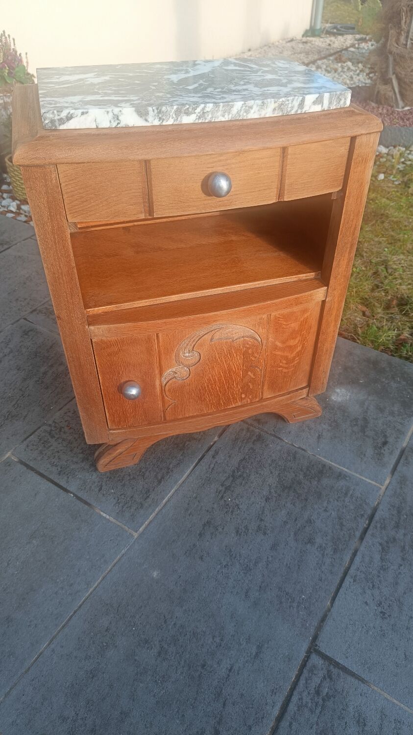 Solid oak bedside table with marble