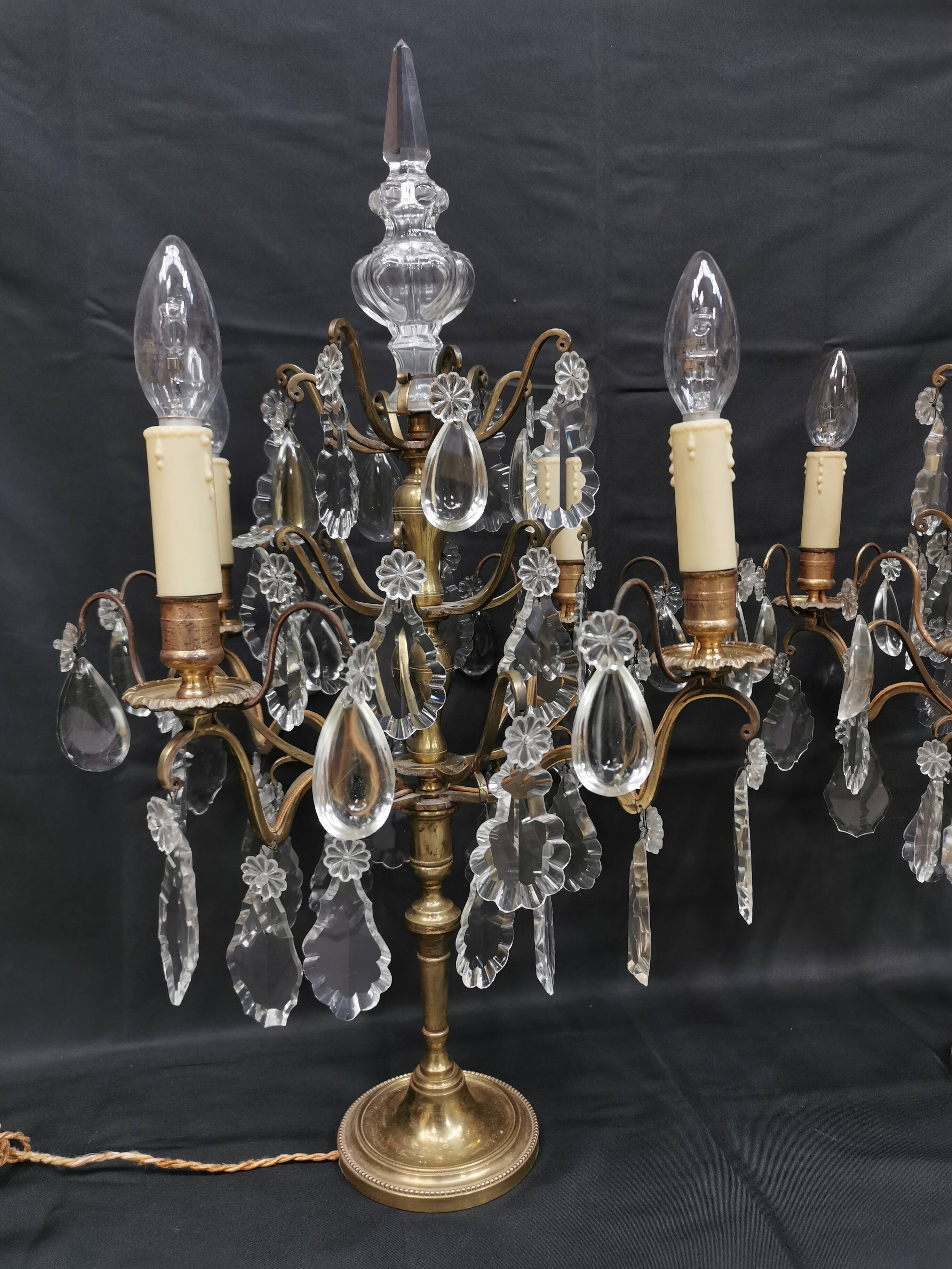 Pair of large electrified girandole candlesticks with crystal tassels