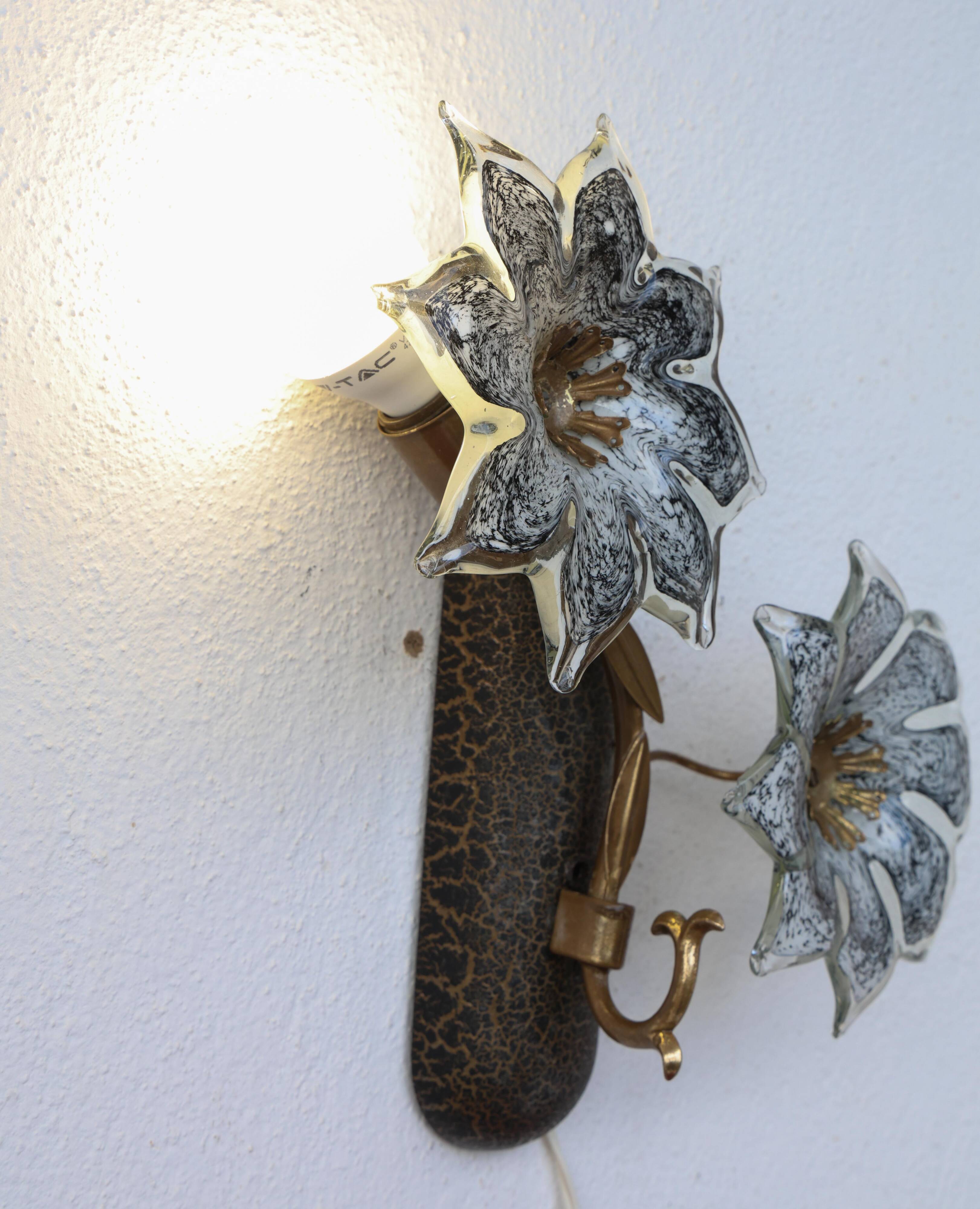 Set of 2 Murano Wall Light Black Flowers, 1970s