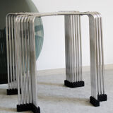 Table ronde chromée en verre rond à tige ronde, Italie années 1970