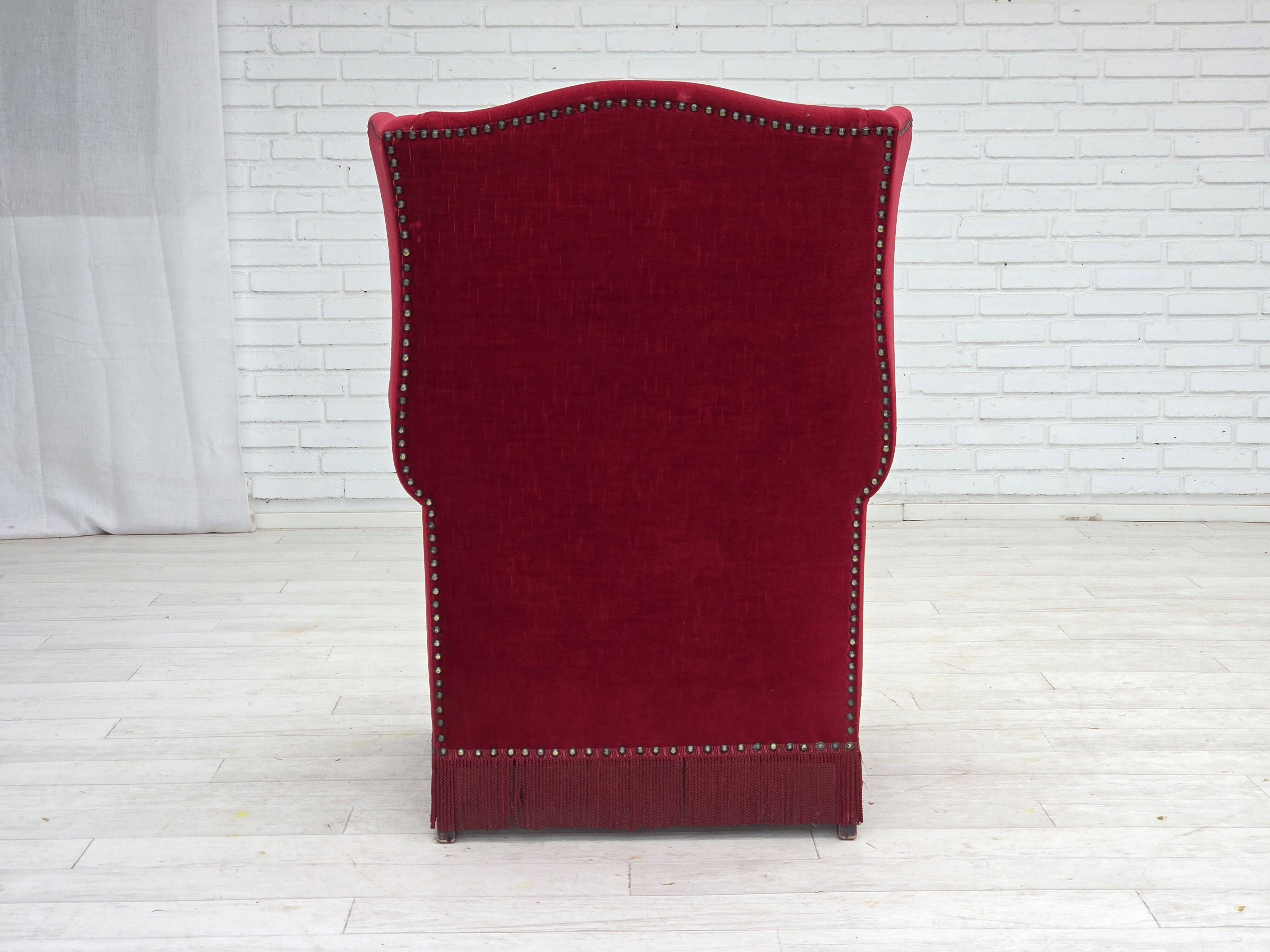 1970s, Danish highback armchair, red furniture velour, ash wood.