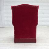 1970s, Danish highback armchair, red furniture velour, ash wood.