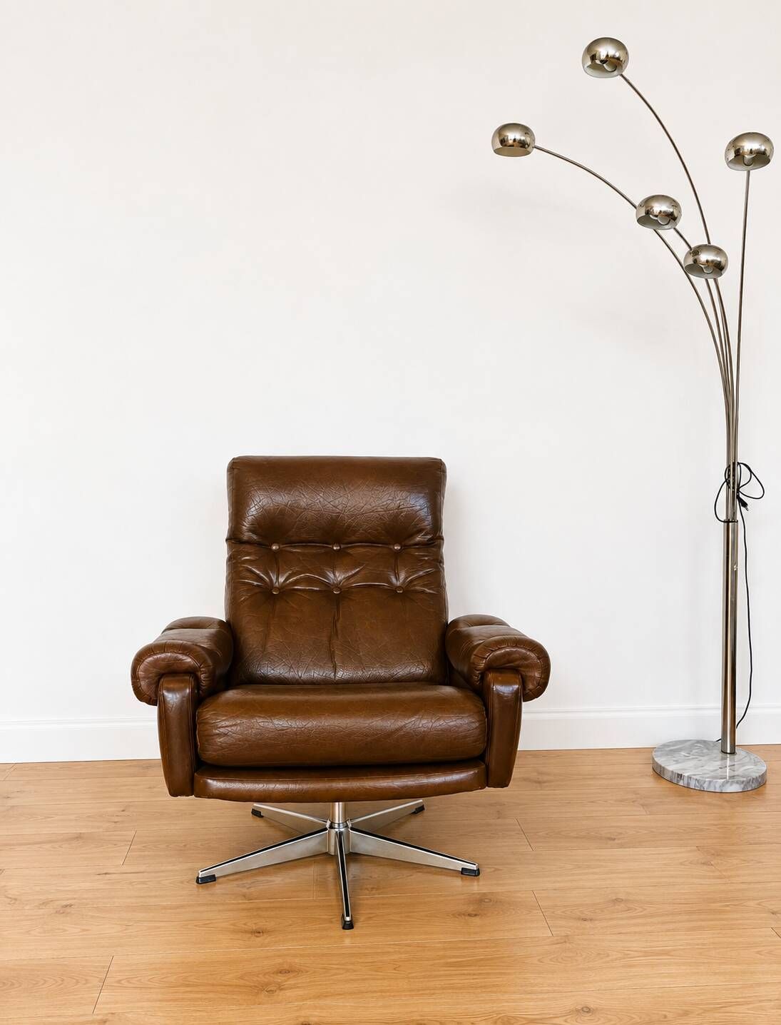 Vintage Danish mid-century brown leather swivel chair 1970s