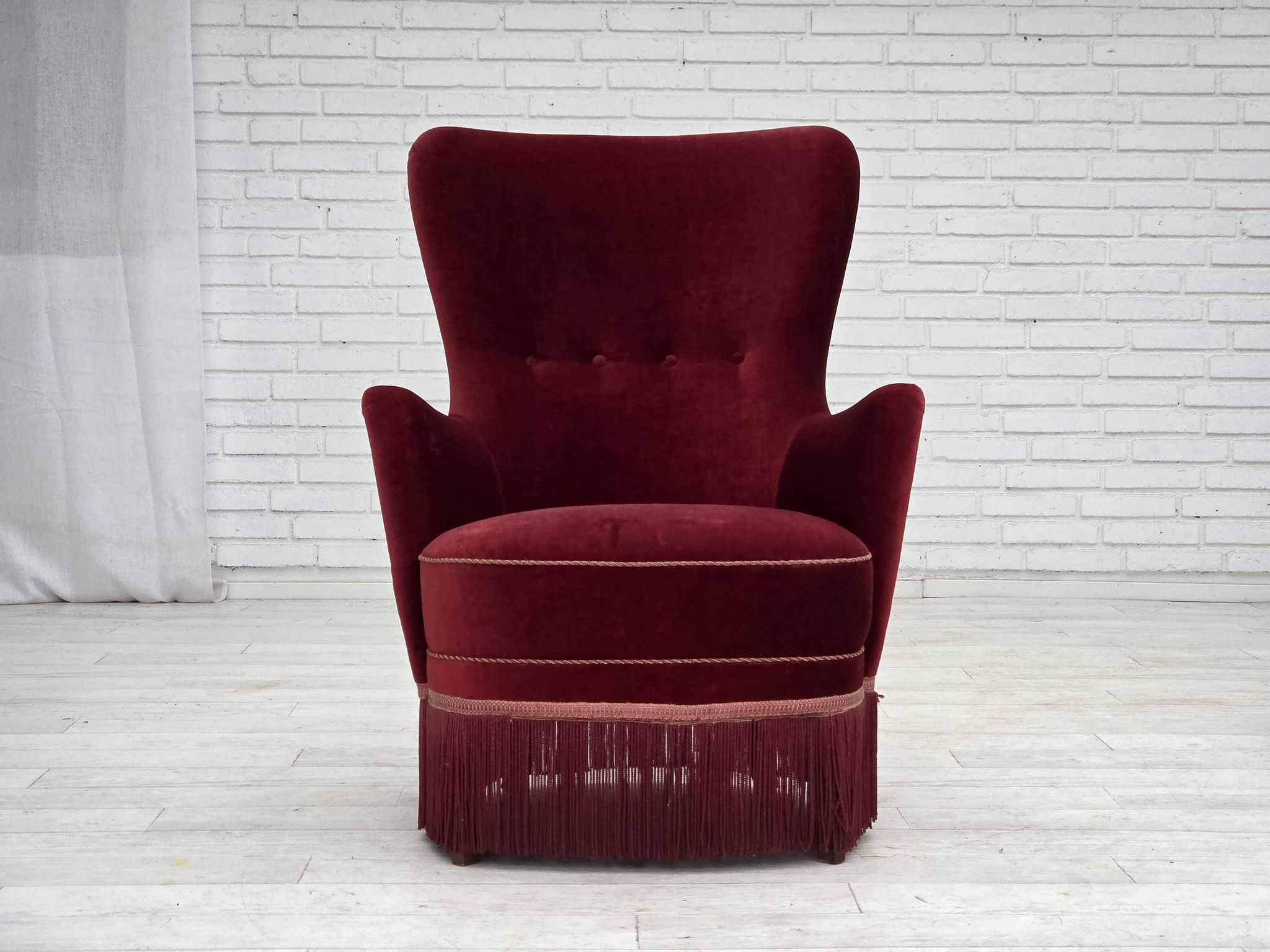 1970s, Danish armchair, cherry-red furniture velour, ash wood legs.