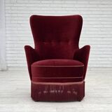 1970s, Danish armchair, cherry-red furniture velour, ash wood legs.