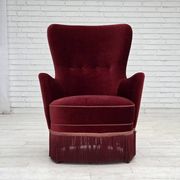 1970s, Danish armchair, cherry-red furniture velour, ash wood legs.