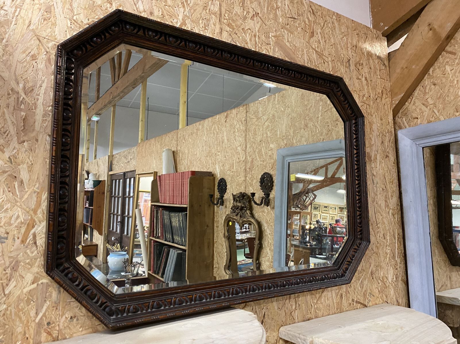Bevelled English mirror, oak frame, 1930