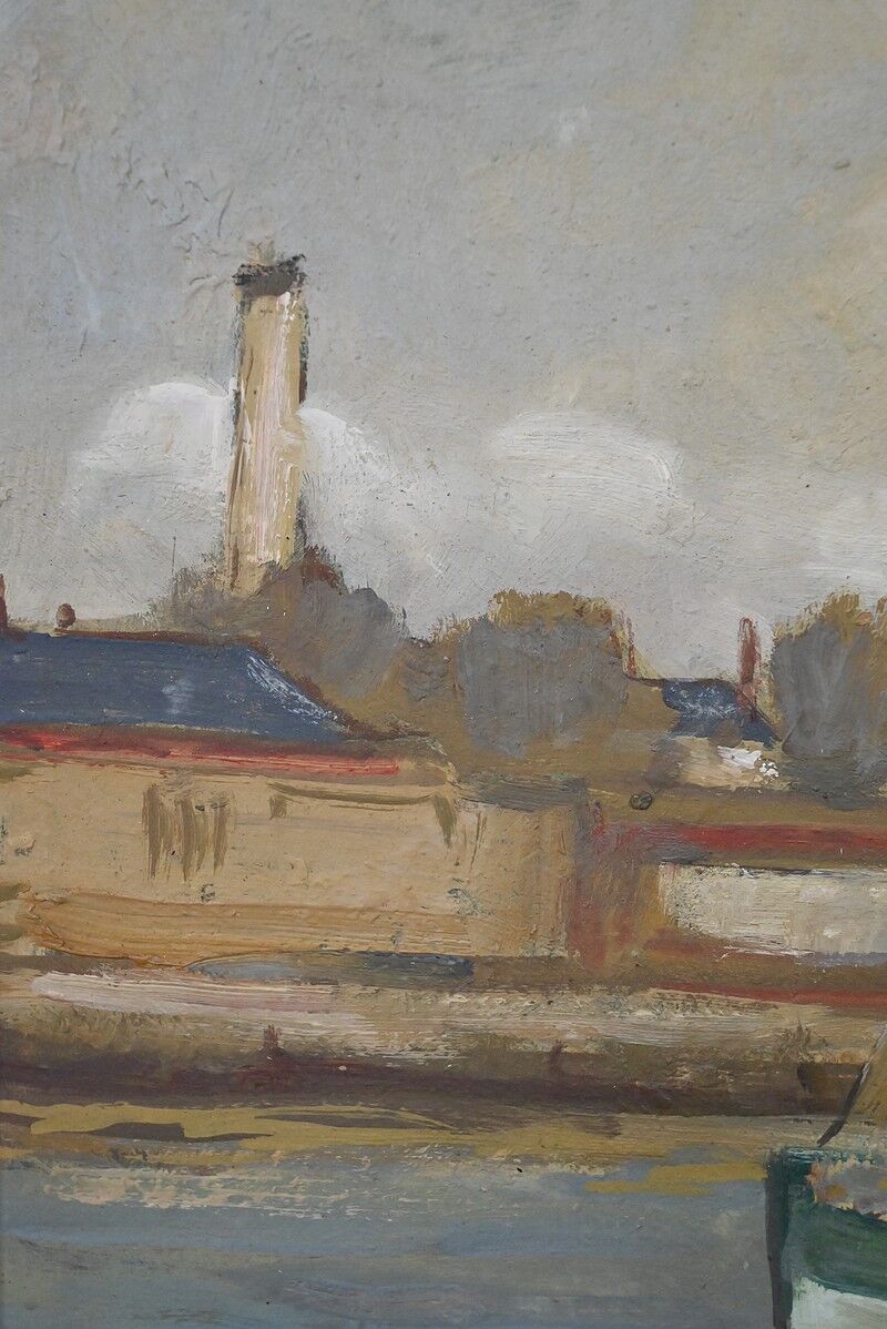 Painting "Thoniers at Dock", oil on panel, signed G. Boulard – Mid 20th century