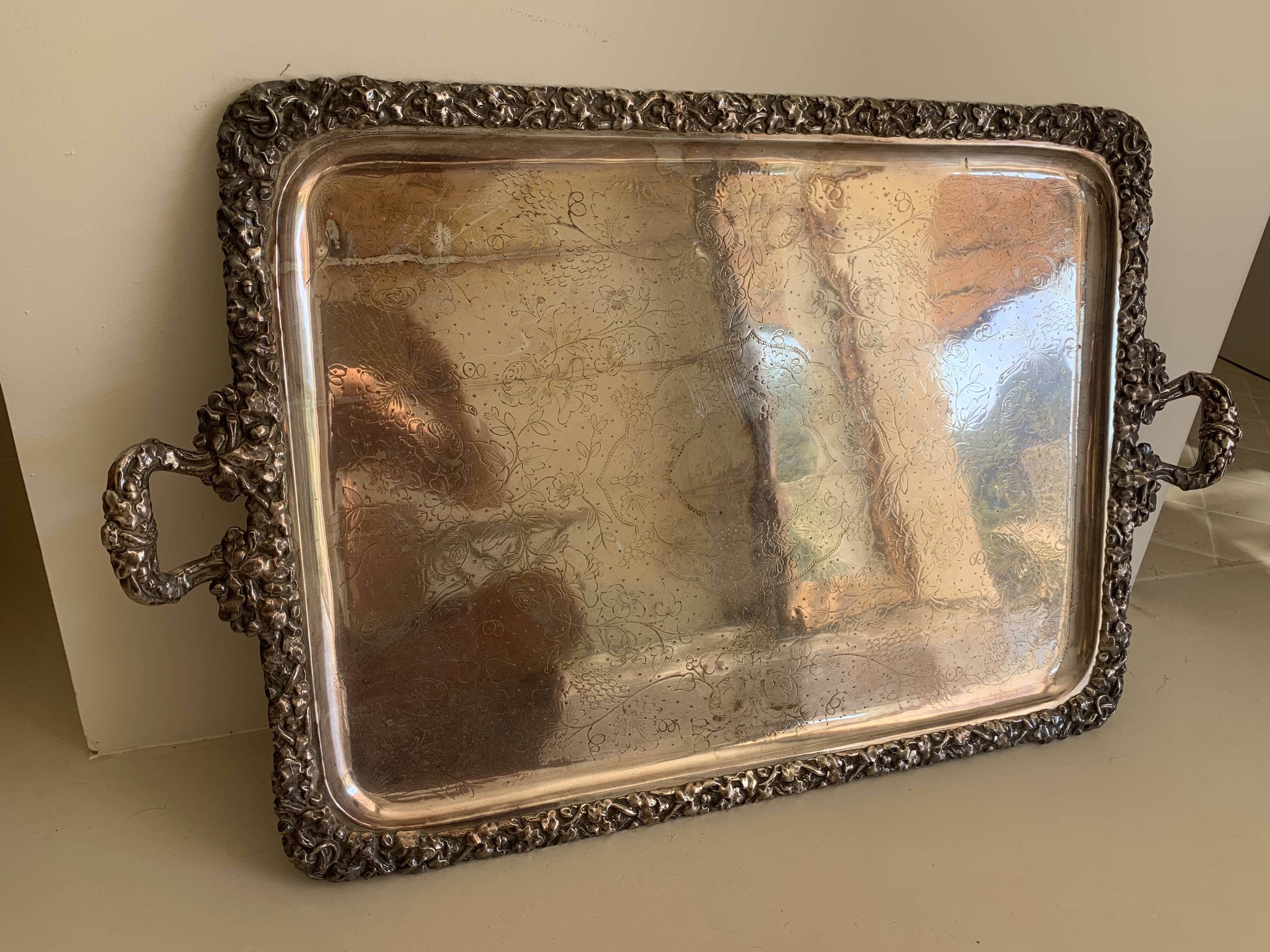 Large silver-plated copper serving tray, 19th century - 80 x 48 cm