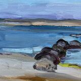 Vintage Swedish Modernists Oil Painting Blue Seascape by G.B. Mid 20th century