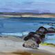 Peinture à l'huile vintage des modernistes suédois Paysage marin bleu par GB Milieu du 20e siècle