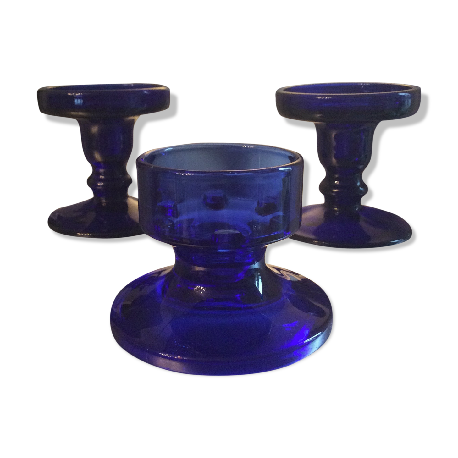 Série de 3 bougeoirs vintage années 70 en verre bleu