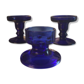 Series of 3 vintage 70s blue glass candlesticks