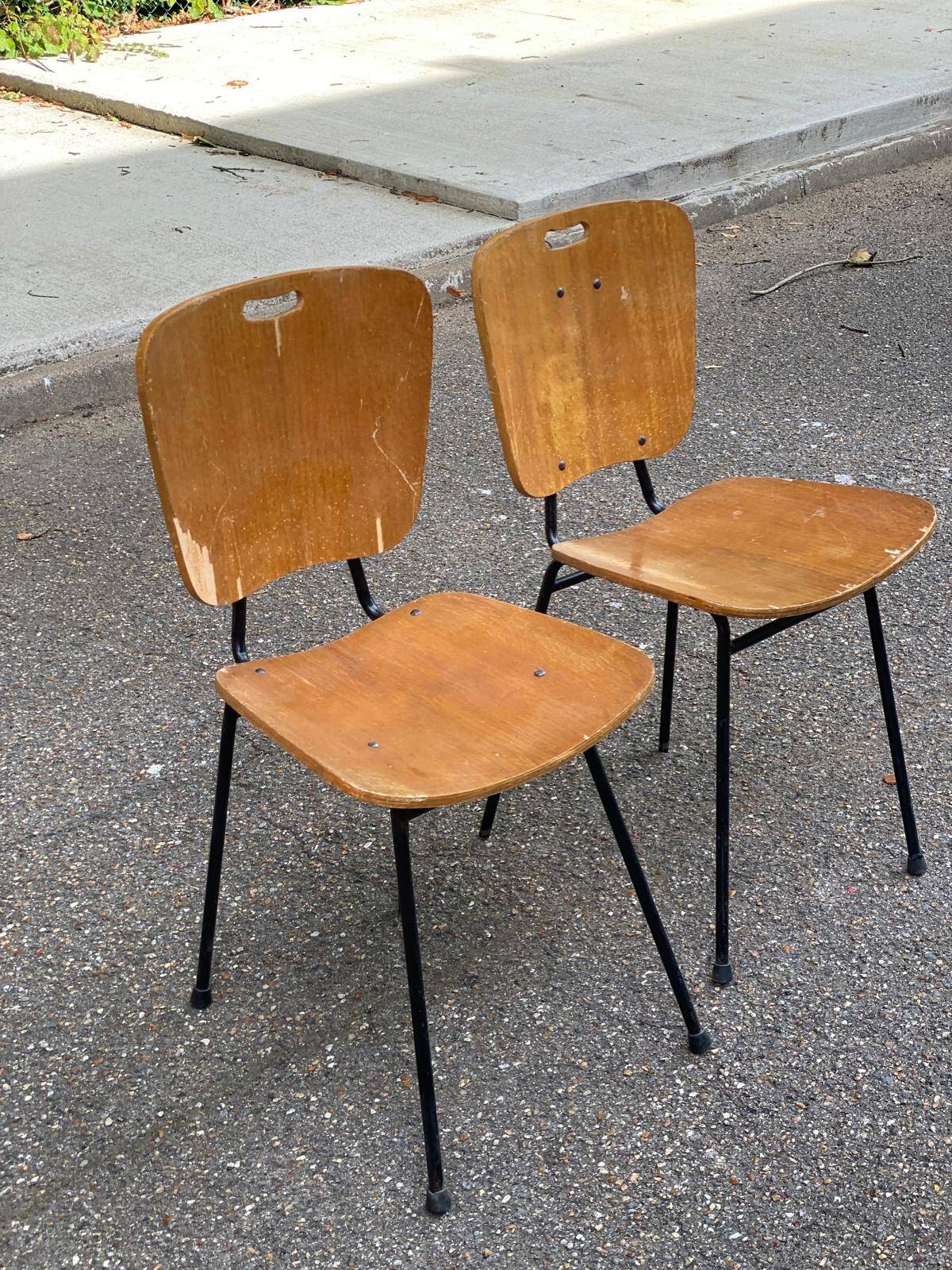 2 workshop chairs in wood and black steel, 1950s