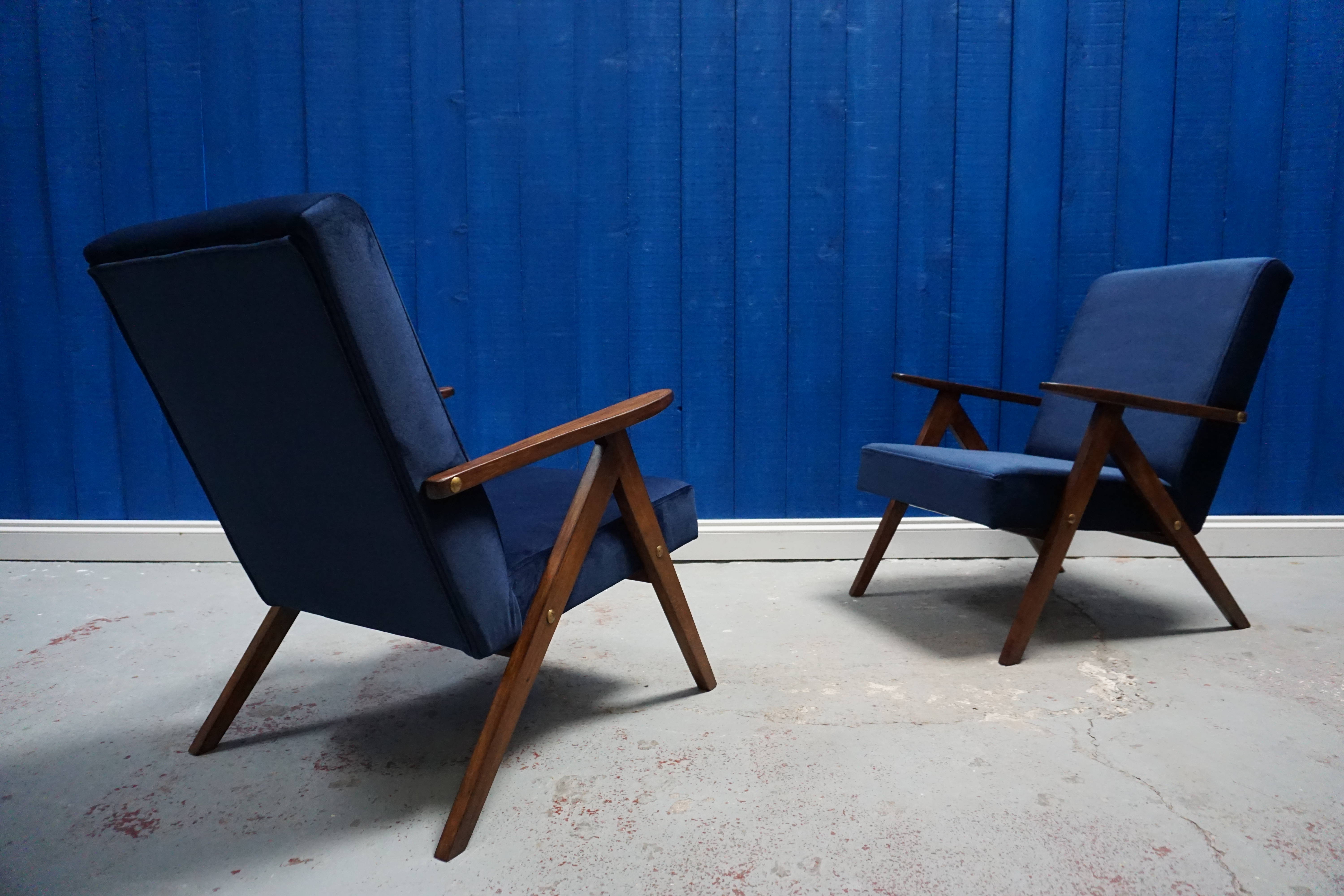 Mid century modern easy chairs from 1960's in navy blue velvet, set of 2