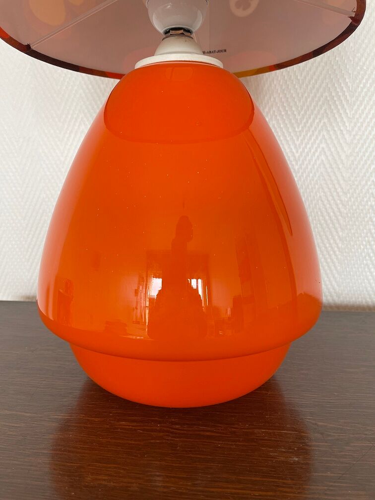 Treflower table lamp, orange opaline and vintage fabric