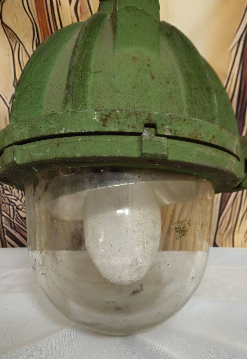 Old industrial cast iron lamp – workshop/factory light – glass