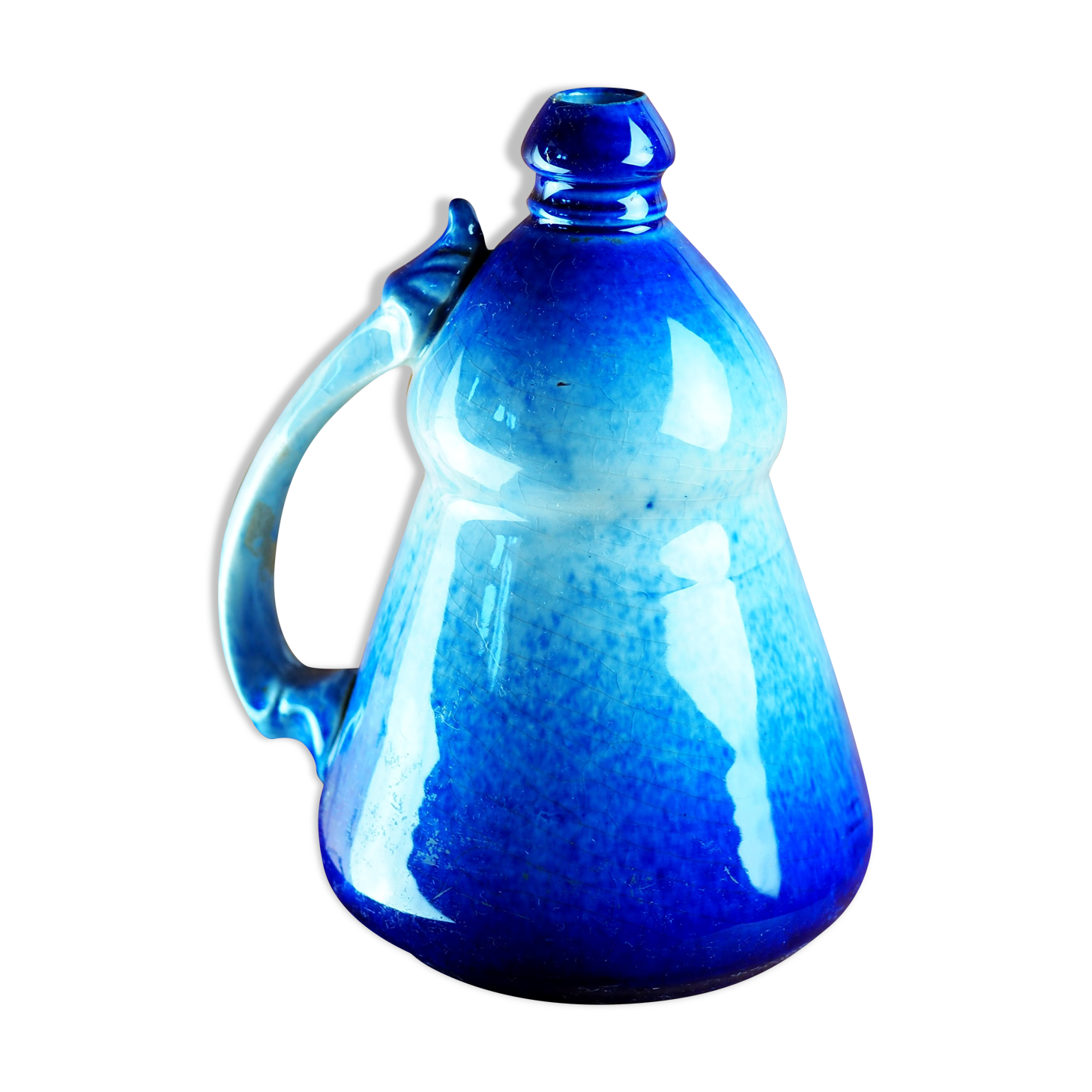 Conical jug with blue glaze and elaborate handle - folk art - early twentieth century