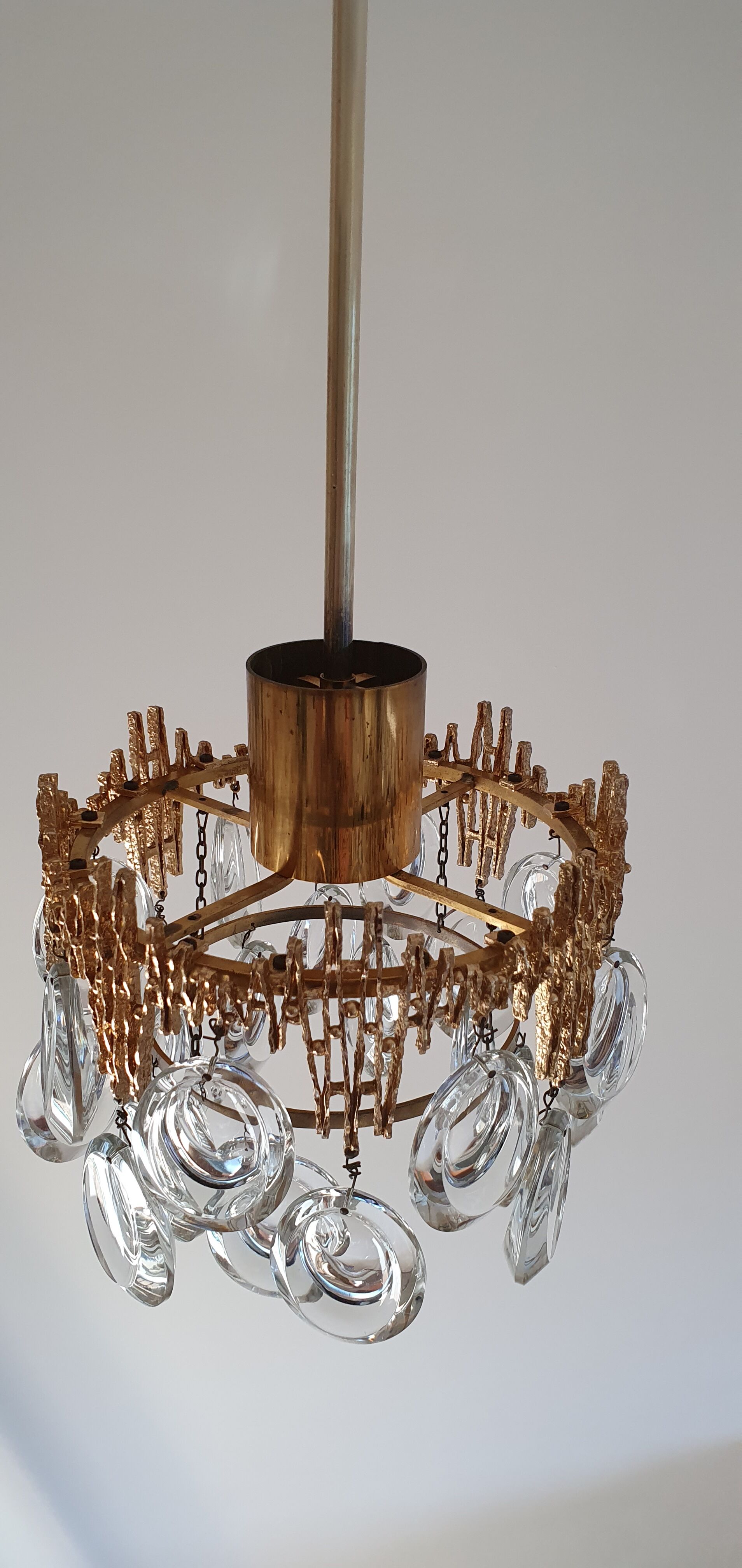 Small brass brutalist chandelier with crystal stamps