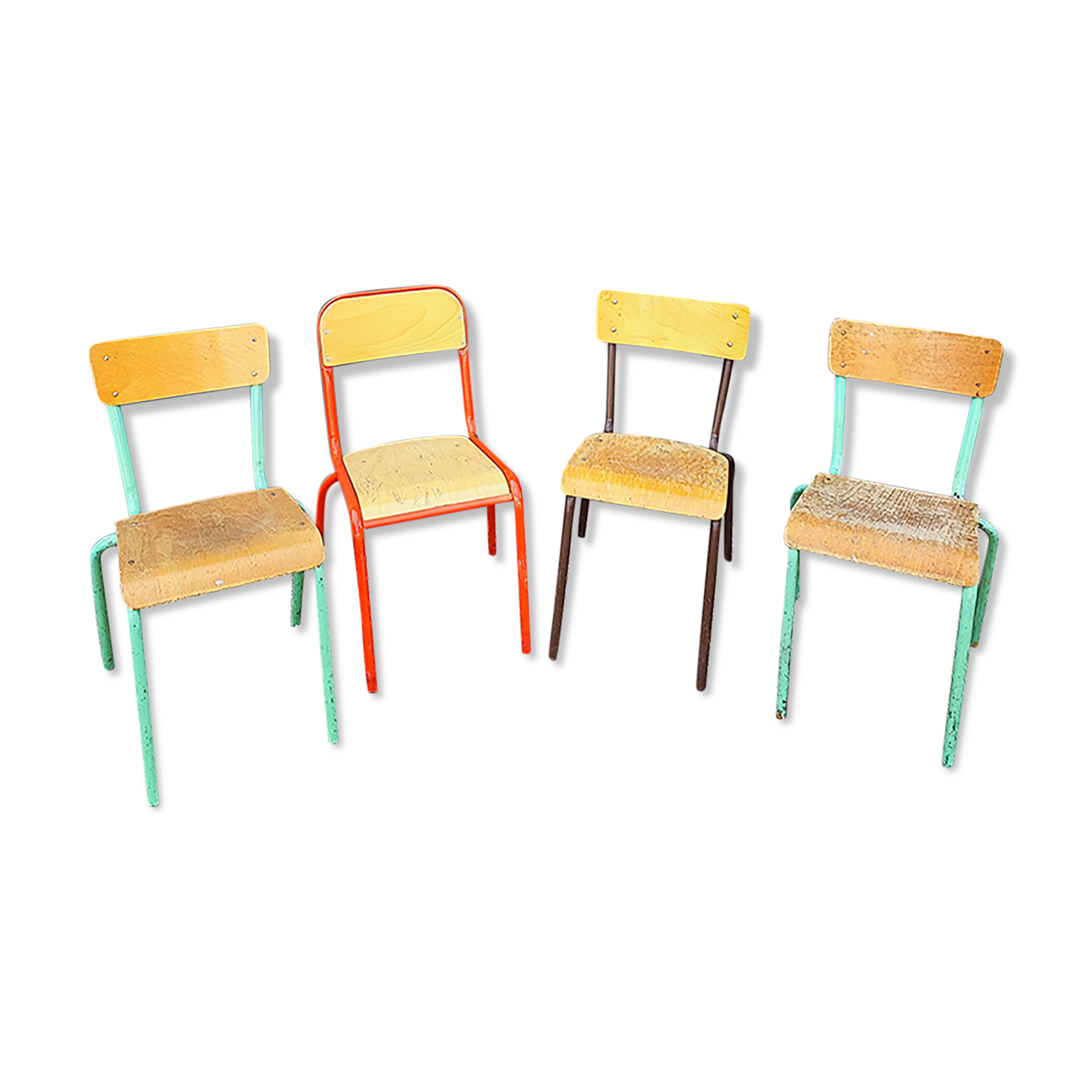 Set of 4 vintage deparaillé school chairs