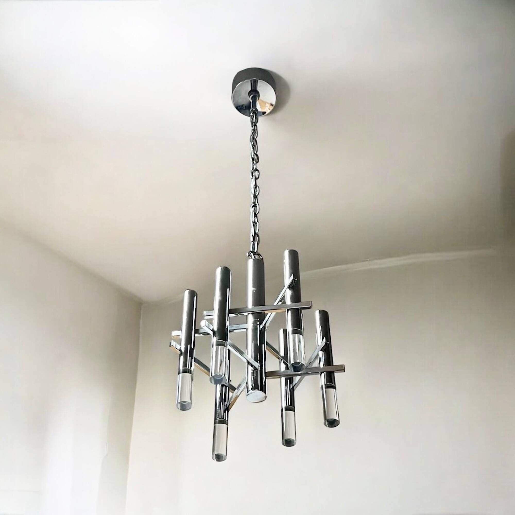 Large 70s Pendant Lamp in Chrome Metal and Perspex by Sciolari