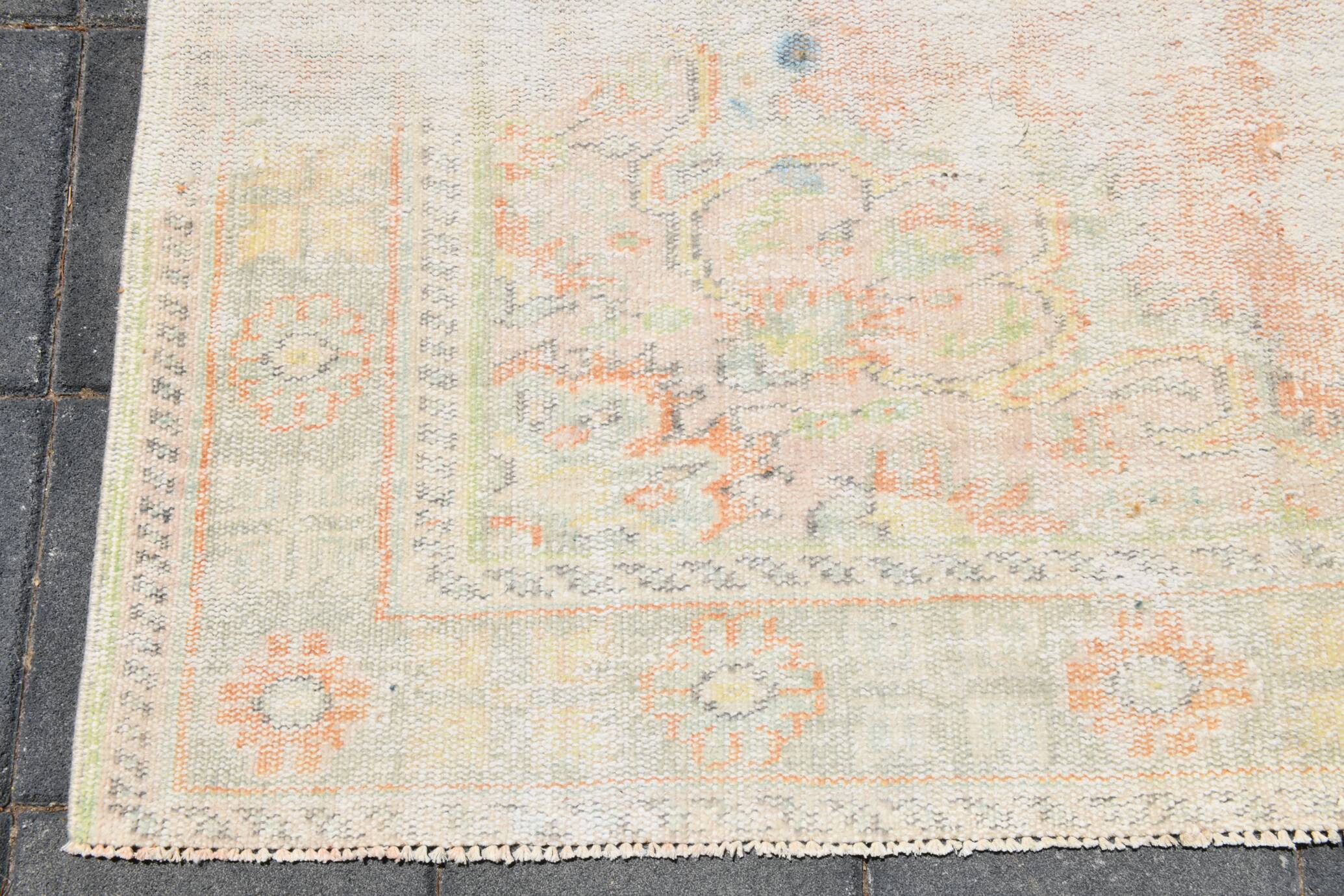 Tapis Oushak Vintage, Laine Turque Pêche & Ivoire, 179x294 Cm