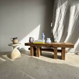 Solid wood bench with openwork base crossed by a cylinder - Mango wood