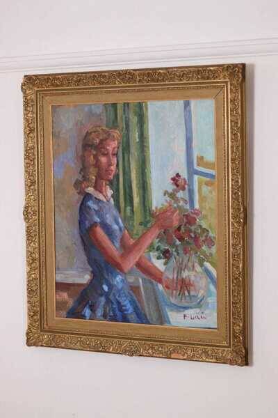 Original Swedish oil on canvas – “Woman with Flowers” by Bendt Lauritzen – signed, framed 82 × 72 cm (32.3" × 28.3")