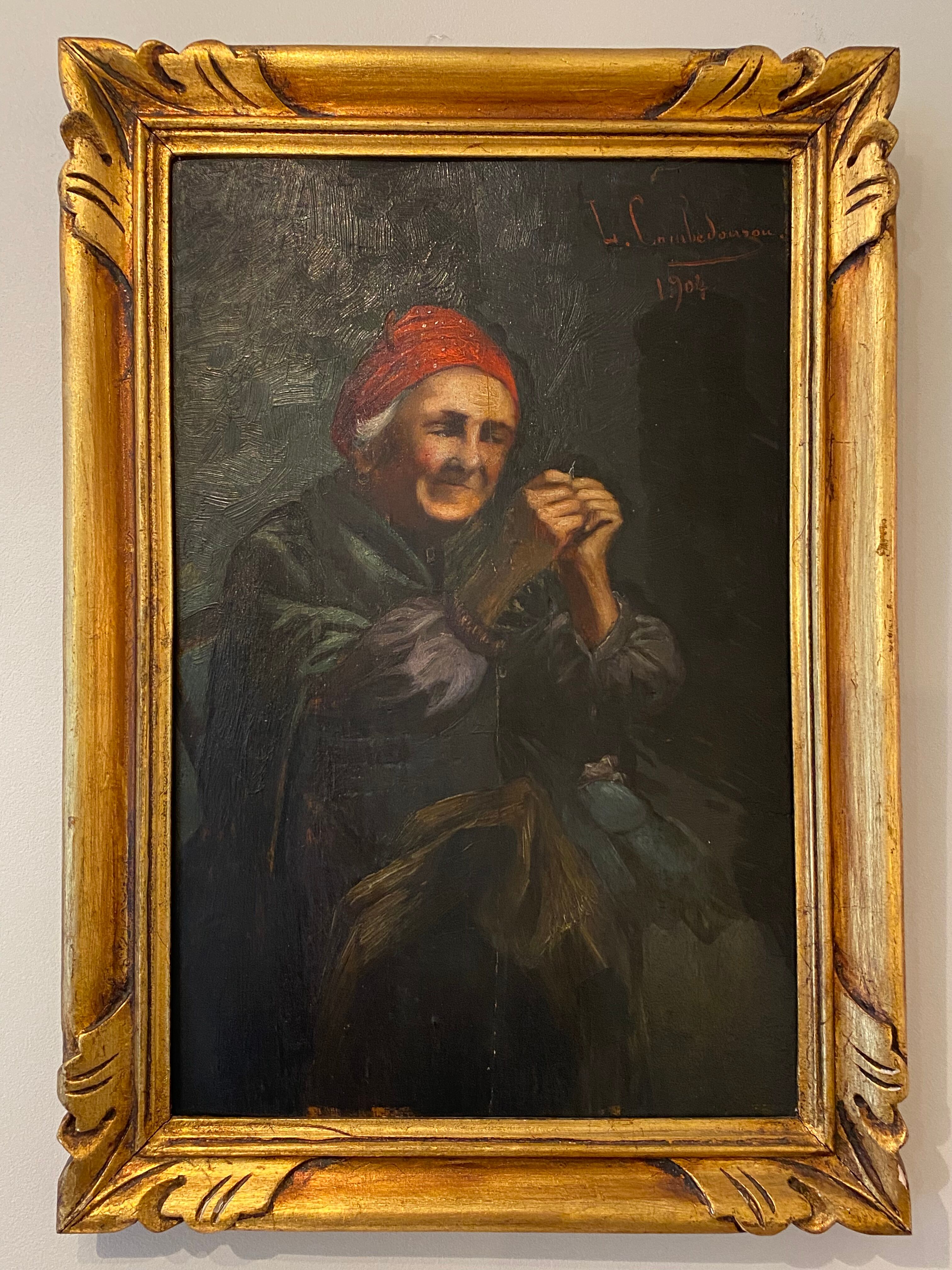 Old painting, the seamstress, signed L Cambedouzou and dated 1904