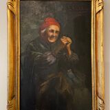 Old painting, the seamstress, signed L Cambedouzou and dated 1904