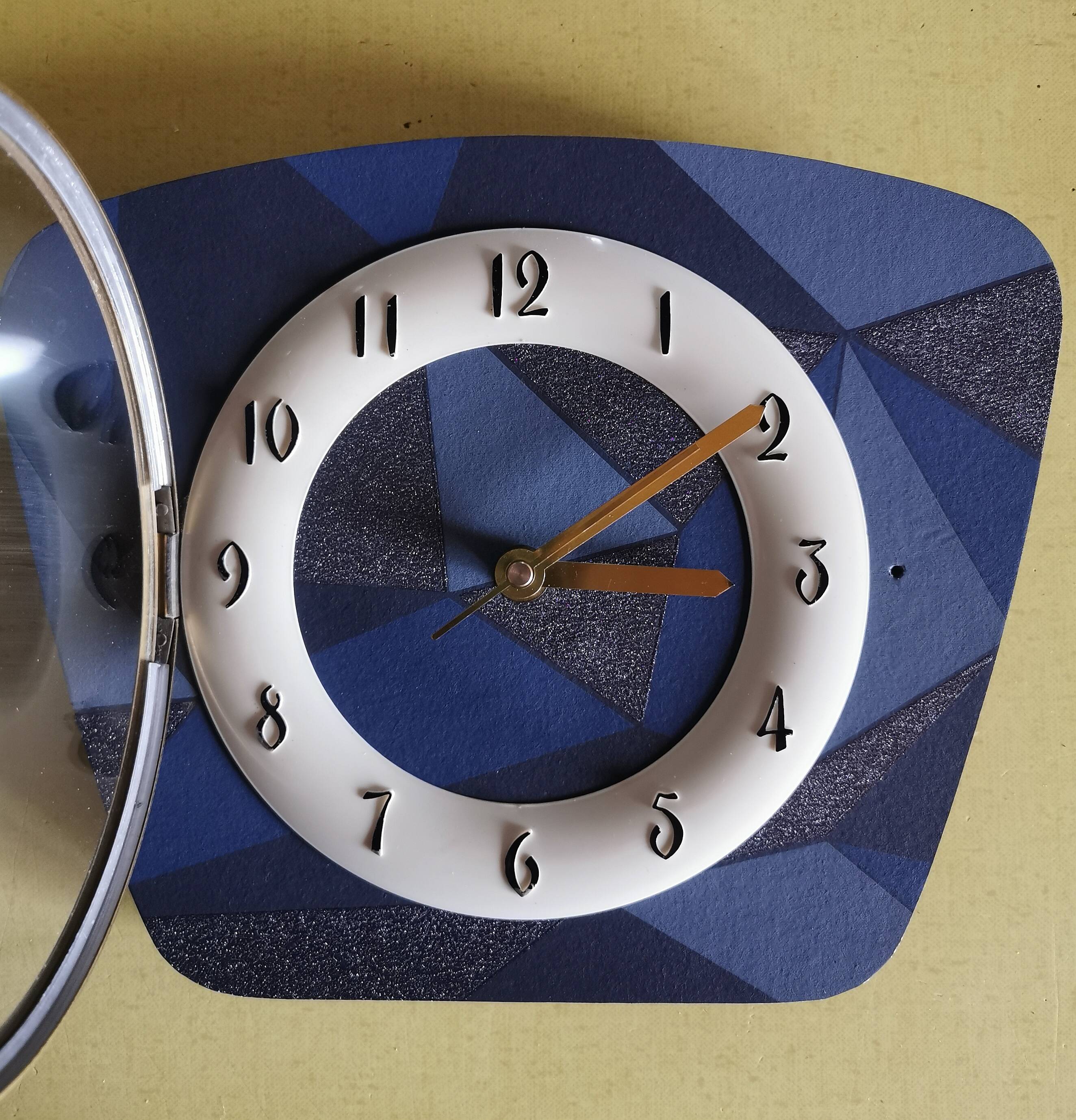 Vintage formica clock silent trapeze wall pendulum "Grey blue"