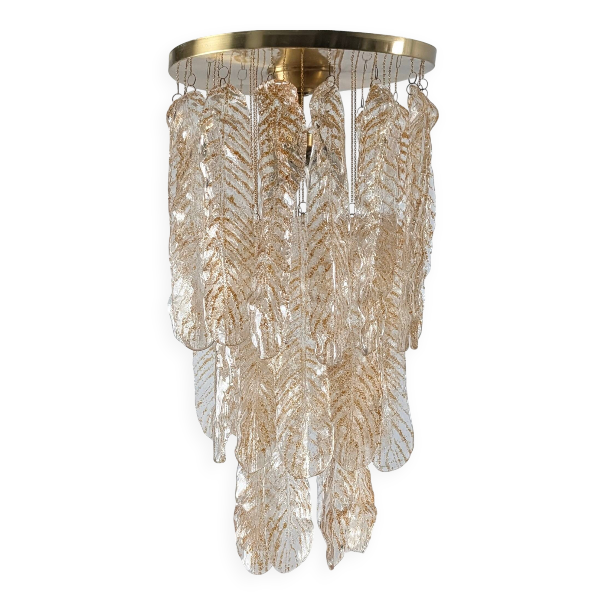 Italian Chandelier with Amber Caramel Murano Glass Leaves, 1970s