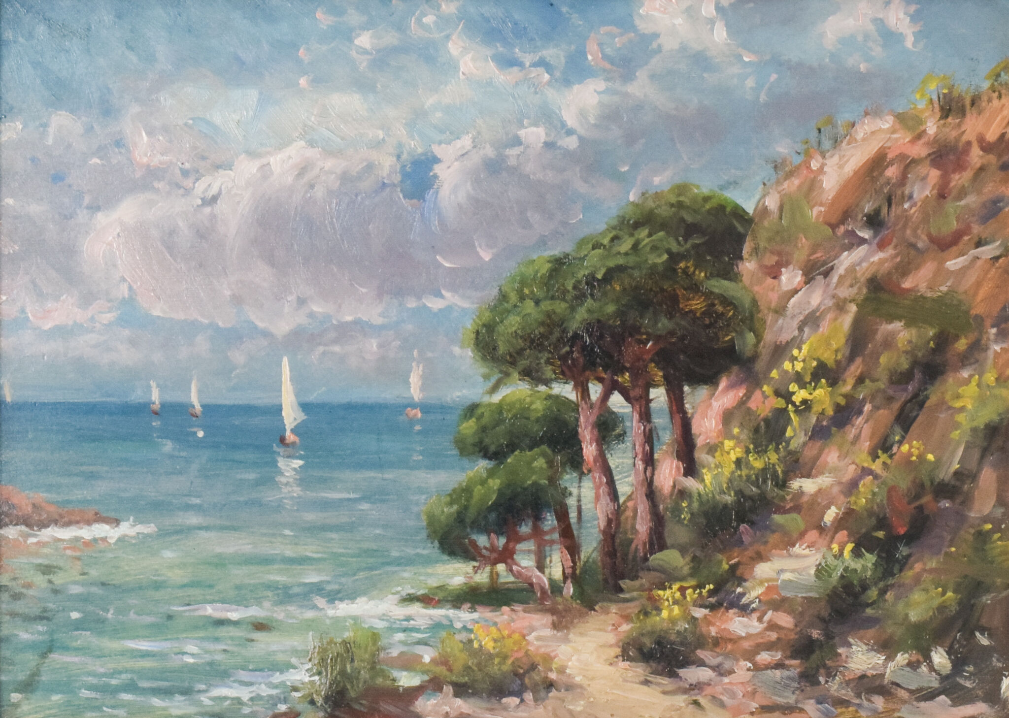 Coastal landscape with sailing boats