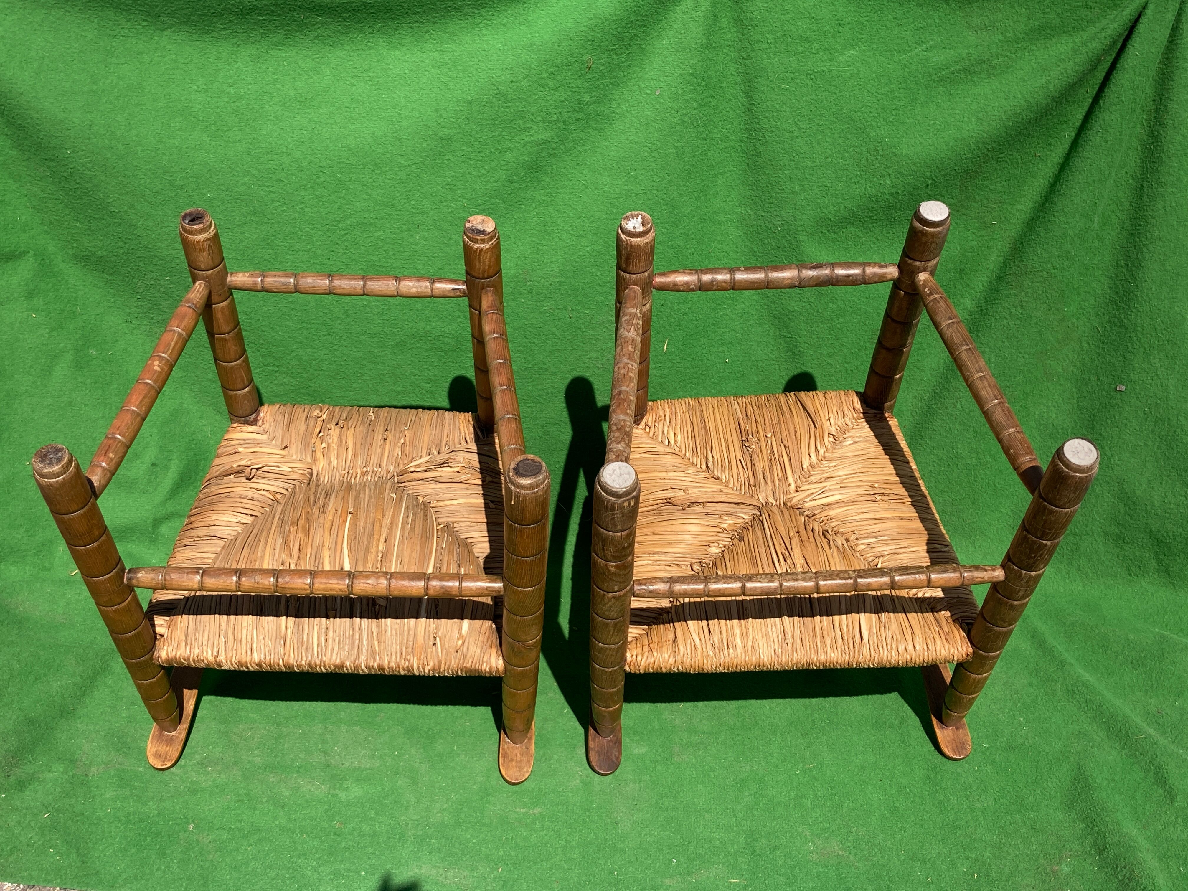 Pair german bobbin turned side chairs with rush seat