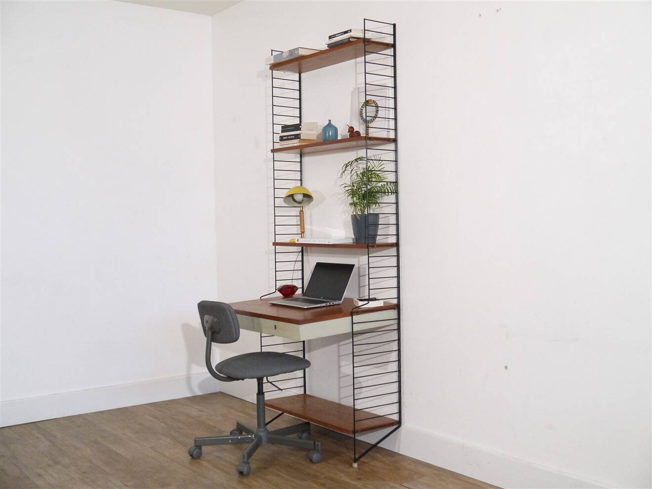 Teak wall-mounted shelf/desk, string design 1960
