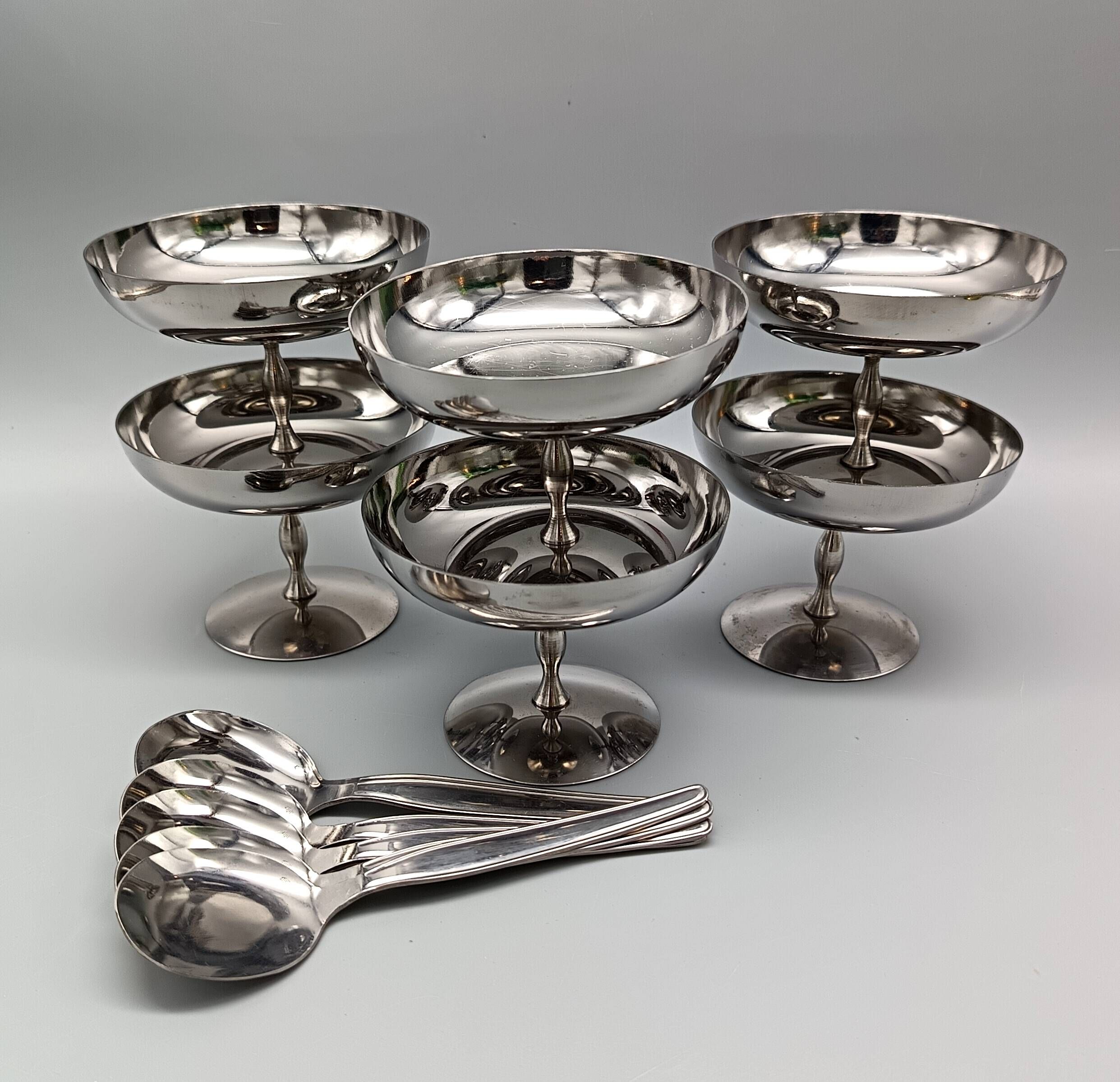6 stainless steel ice cream cups and spoons, French, stainless steel bowl