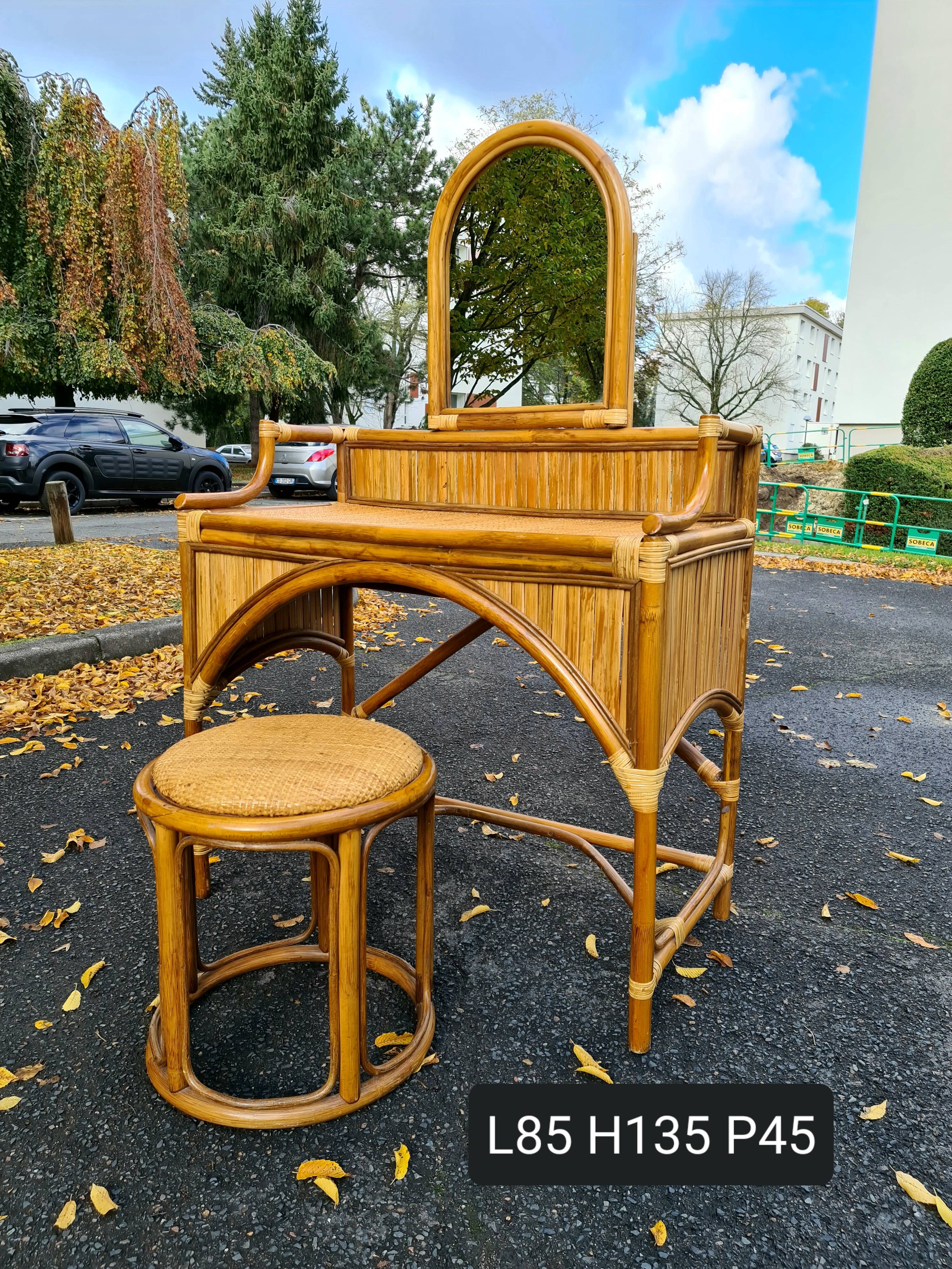 Dressing table / Mirror stool rattan bamboo Vintage 1970