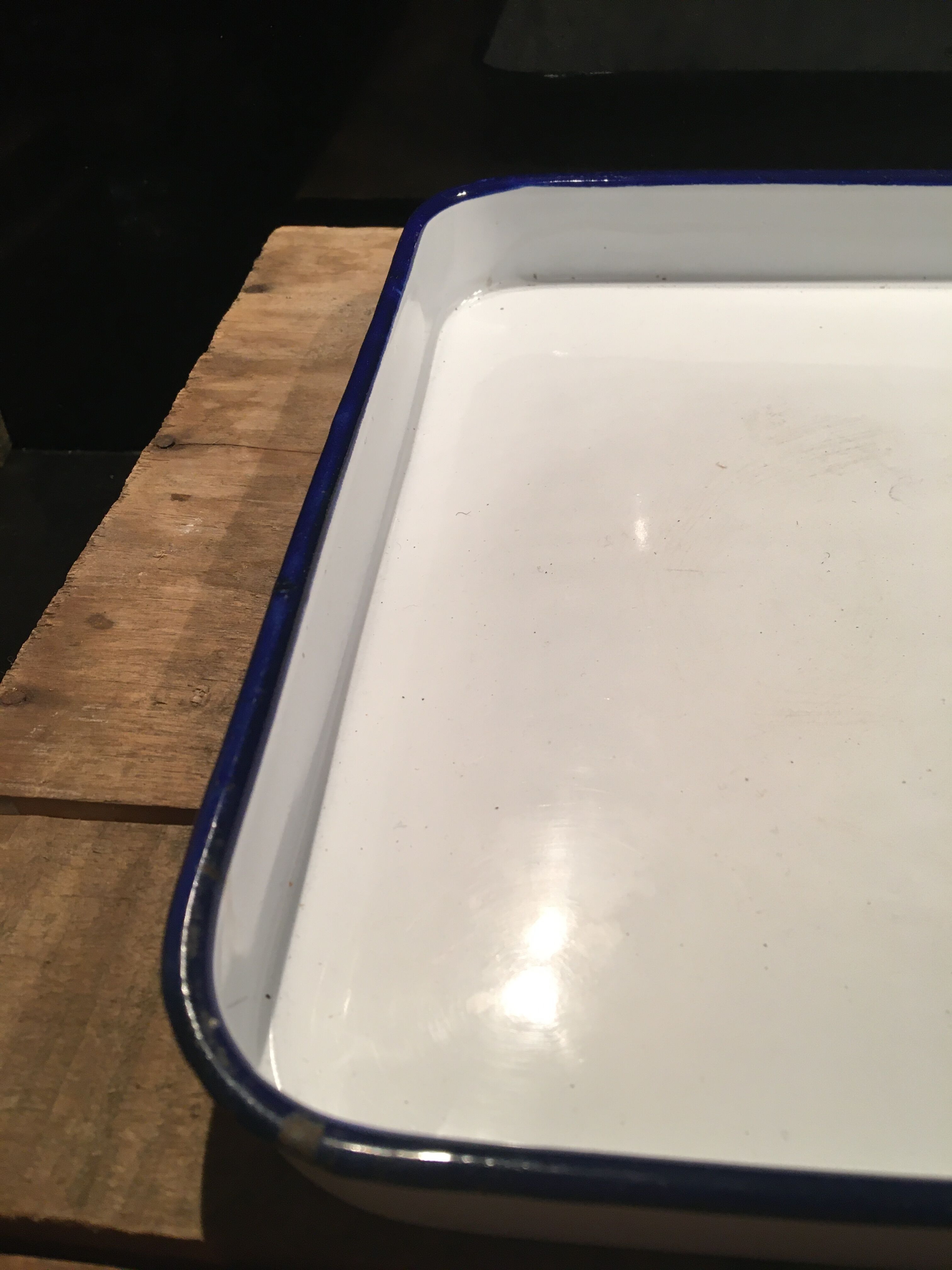 White and navy enamelled plate tray