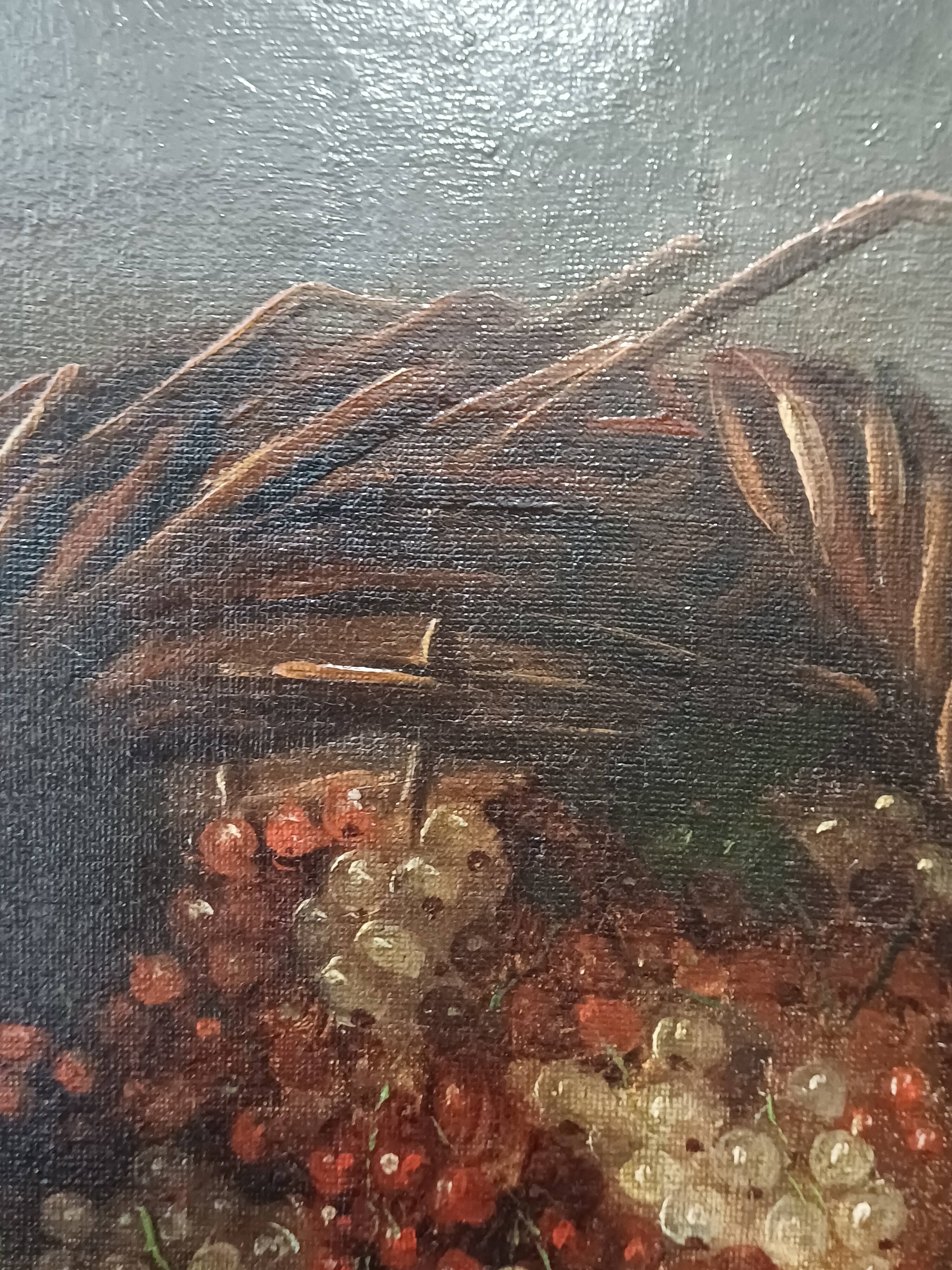 Hst painting still life basket of overturned fruit 19th - 20th century