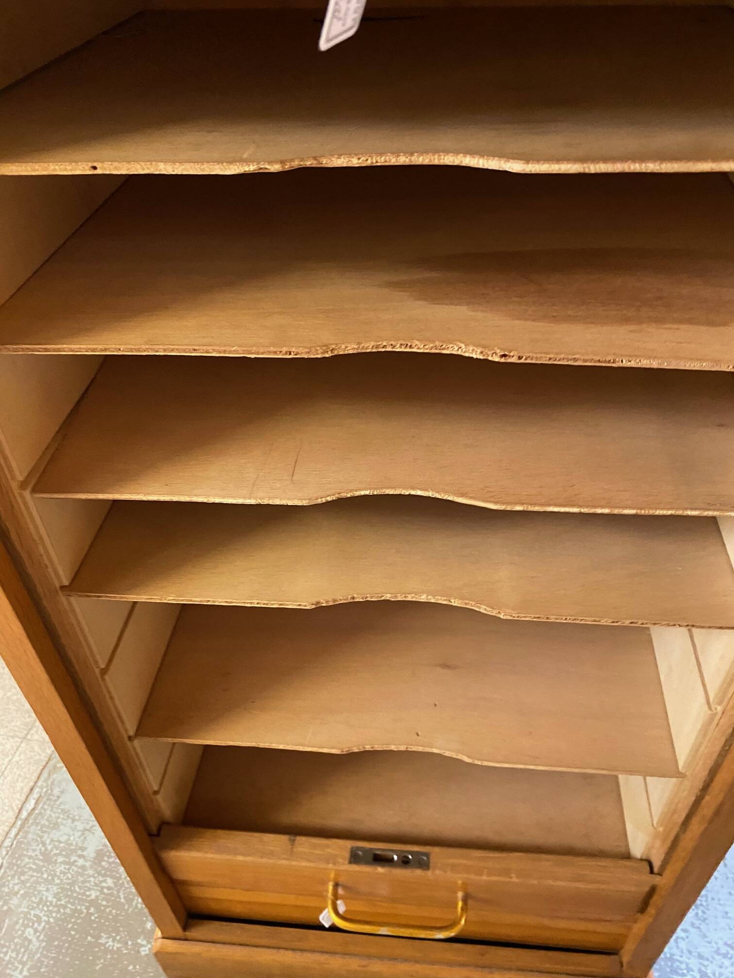 50s/60s light oak curtain filing cabinet low model with removable shelves